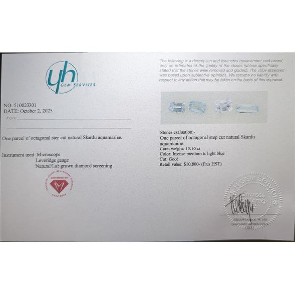 13.16 CT CERTIFIED AQUAMARINE GEMSTONE PARCEL ($10,800 APPRAISAL)