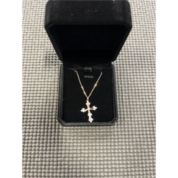 NEW 18K GOLD PLATED 30.0MM SIMULATED DIAMOND (CZ) CROSS NECKLACE, CHAIN 18" LONG