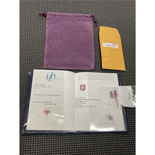 24.74 CT CERTIFIED PINK KUNZITE GEMSTONE ($12,150 APPRAISAL)