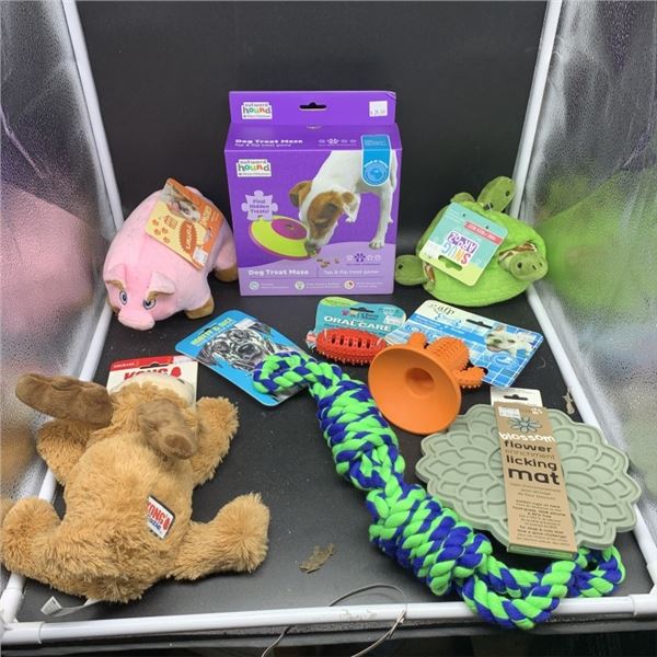 BOX OF NEW PET ACCESSORIES AND TOYS