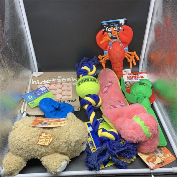 BOX OF NEW PET ACCESSORIES AND TOYS