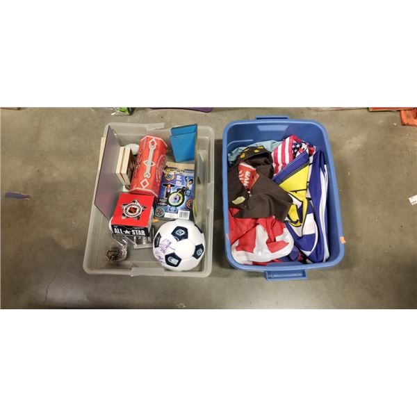 TWO TOTES  OF COLLECTIBLES AND FLAGS