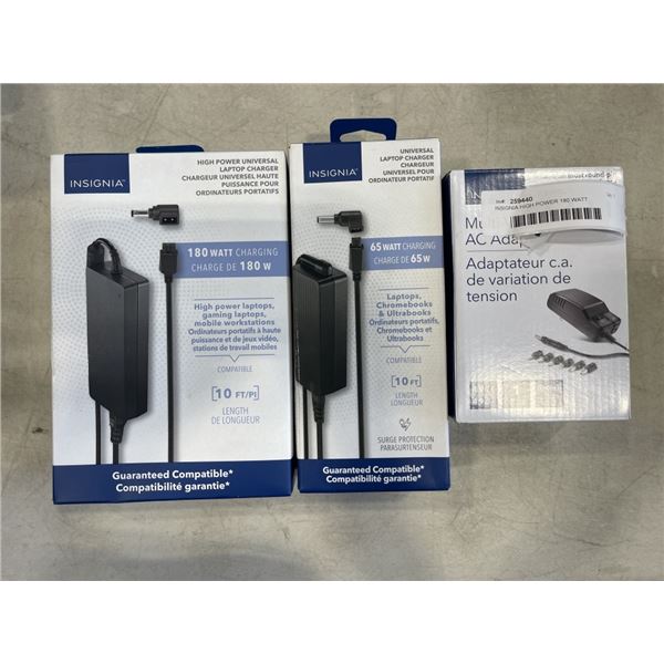 INSIGNIA HIGH POWER 180 WATT UNIVERSAL LAPTOP CHARGER, 65 WATT CHARGER AND MULTI VOLTAGE AC ADAPTER