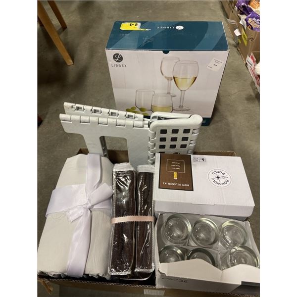 FOLDING STEP STOOL, PILLOW SHAMS AND ASSORTED GLASSWARE