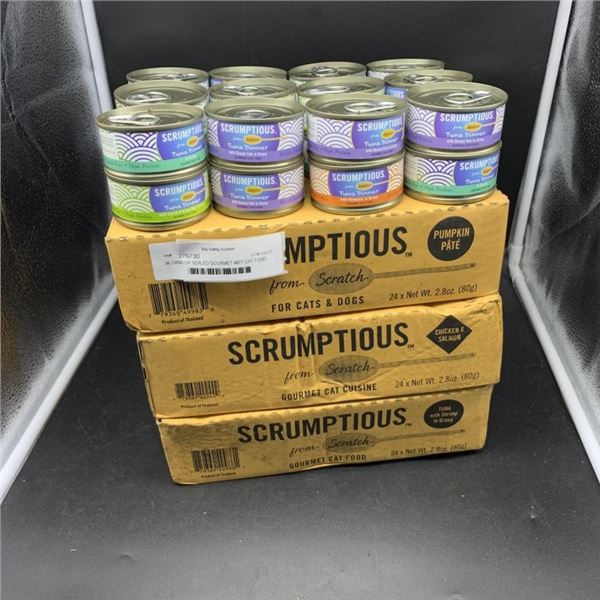 96 CANS OF SEALED SCRUMPTIOUS GOURMET WET CAT FOOD ASSORTED FLAVORS