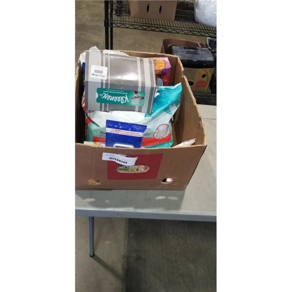 BOX OF ADULT DIAPERS, TISSUE BOXES AND 12 UPS