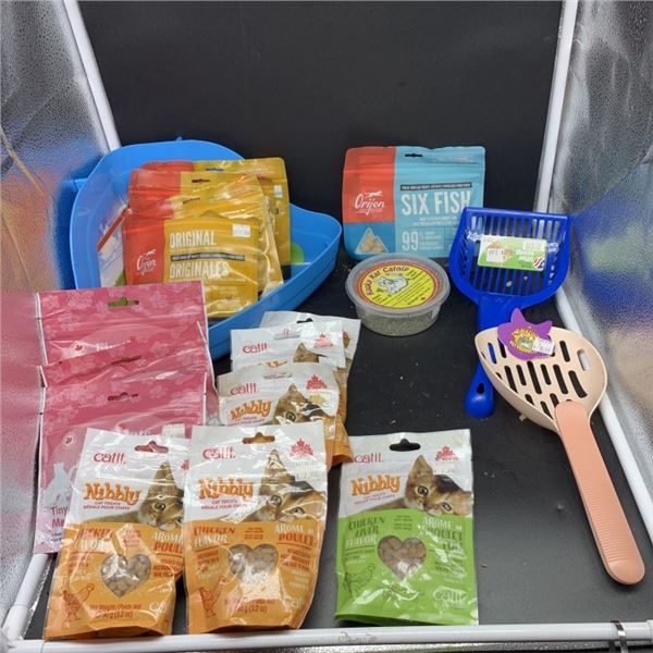 BOX OF NEW CAT FOOD, TREATS, ACCESSORIES AND CORNER LITTER BOX BEST BEFORE 2026