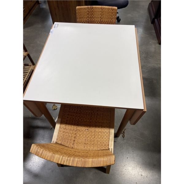 DROP SIDE WHITE TOP TABLE WITH 2 RATTAN CHAIRS