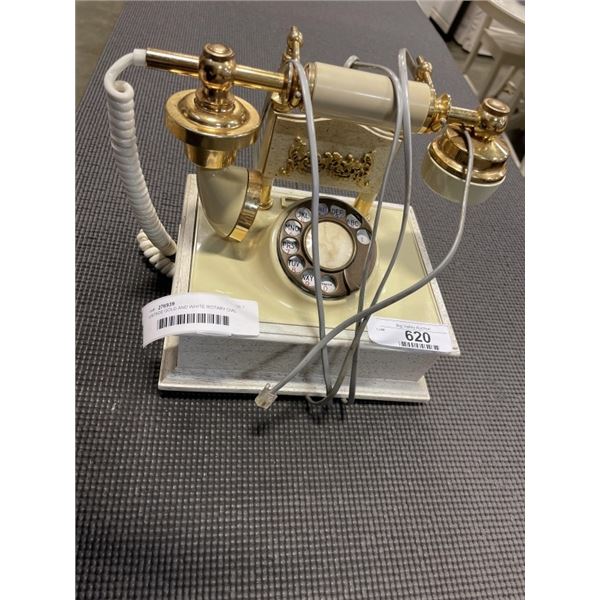 VINTAGE GOLD AND WHITE ROTARY DIAL PHONE AND WICKR TABLE LAMP