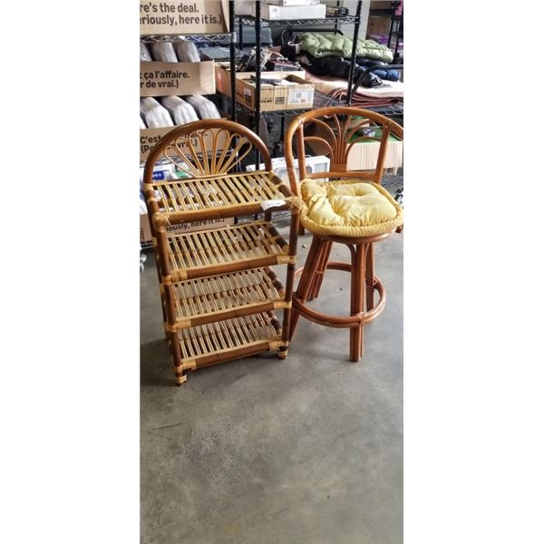RATTAN SHELF UNIT AND BARSTOOL