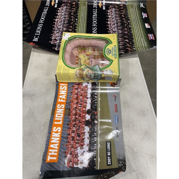 BC LIONS TEAM POSTERS, AND VINTAGE BOXED CABBAGE PATCH DOLL