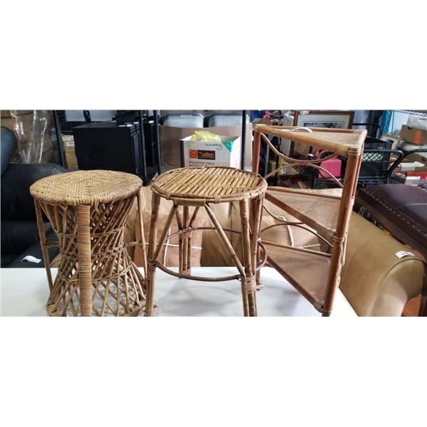 3 SMALL RATTN PLANT STANDS / SHELVES