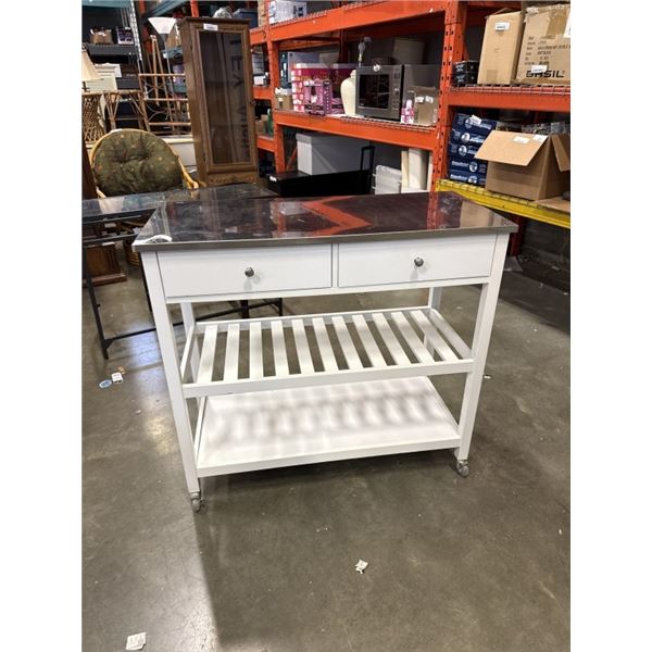 WHITE ROLLING MATEL TOP KITCHEN BLOCK