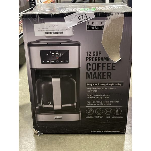 BELLAPRO PROGRAMMABLE DRIP COFFEE MAKER - 12-CUP - TESTED WORKING, RETAIL $99