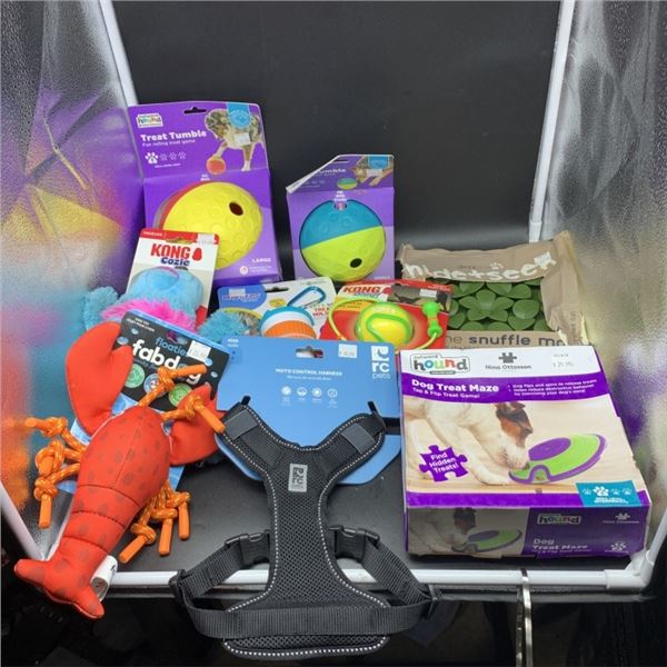 BOX OF NEW PET ACCESSORIES AND TOYS