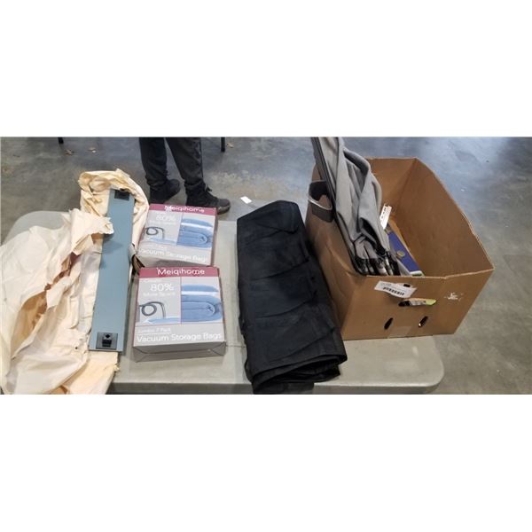 BOX OF SPACE SAVERS AND STORAGE ITEMS