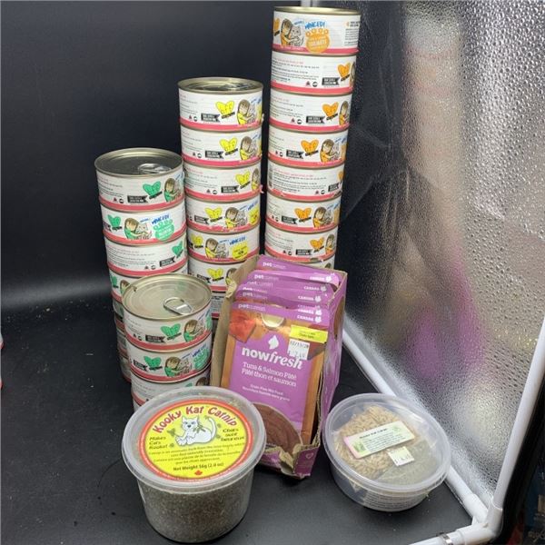 BOX OF NEW CAT FOOD AND CATNIP BEST BEFORE 2027
