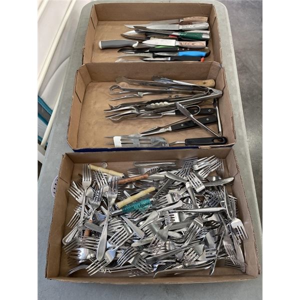 TRAY OF KNIVES, FORKS, AND SERVING UTENSILS