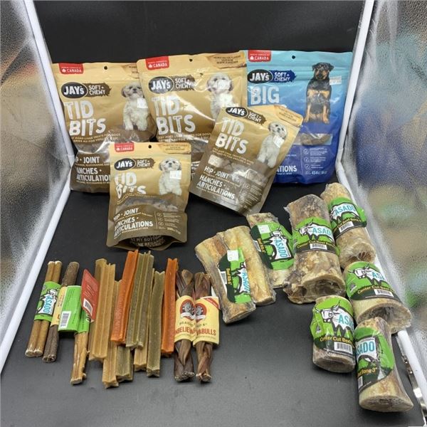 FIVE BAGS OF NEW DRY AGED LIVER TREATS TIDBITS AND BIG BITS, BEEF RIBS, BEEF BONES, AND BEEF CHEWS