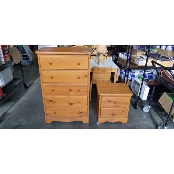 5 DRAWER PINE HIGH BOY DRESSER AND NIGHT STAND