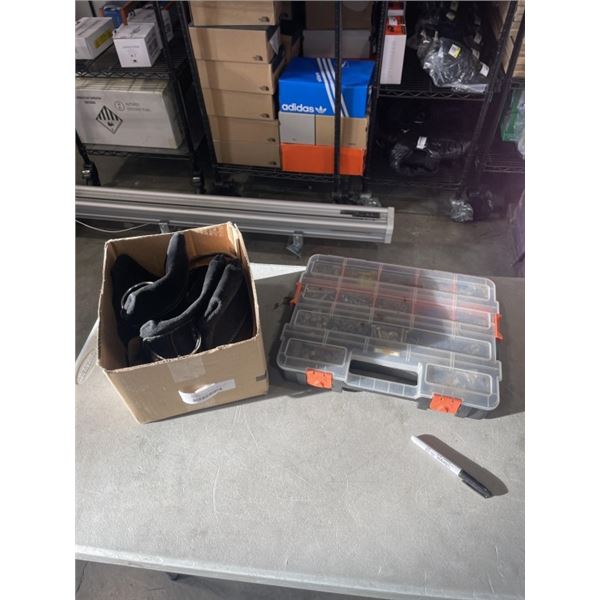 ORAGNIZER WITH ASSORTED HARDWARE AND LEATHER TOOL BELT