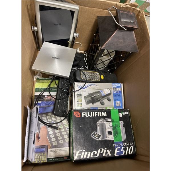 BOX OF ASSORTED HOUSEHOLD ELECTRONICS AND CRATE OF NEW POPULAR MECHANICS MAGAZINES