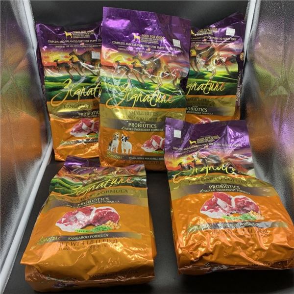 FIVE BAGS OF SIGNATURE SMALL BITE PROBIOTIC KANGAROO FORMULA DOG FOOD 4 LB PER BAG BEST BEFORE SEPTE
