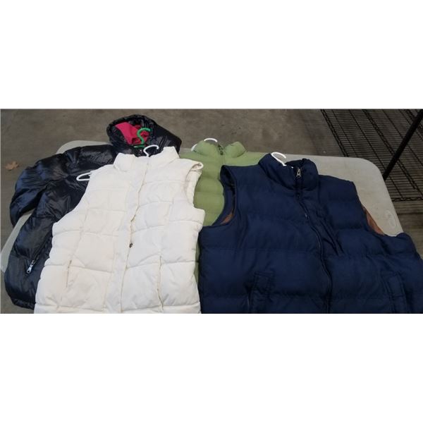 3 PUFFY VESTS AND PUFFY JACKET, SIZE MEDIUM AND LARGE