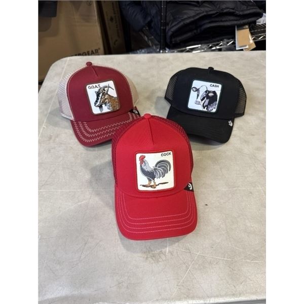 3 NEW GOORIN BRO'S THE FARM HATS, 1 'GOAT', 1 'CASH', 1 'COCK', RETAIL $55 EACH, $165 VALUE