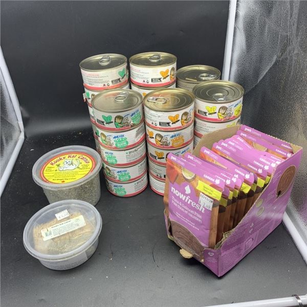 BOX OF NEW CAT FOOD 32 CANS AND CATNIP BEST BEFORE 2026/2028