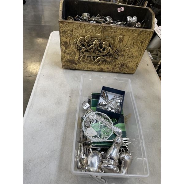 VINTAGE MAGAZINE BOX  FULL OF COLLECTOR SPOONS, AND SILVER PLATED CUTLERY