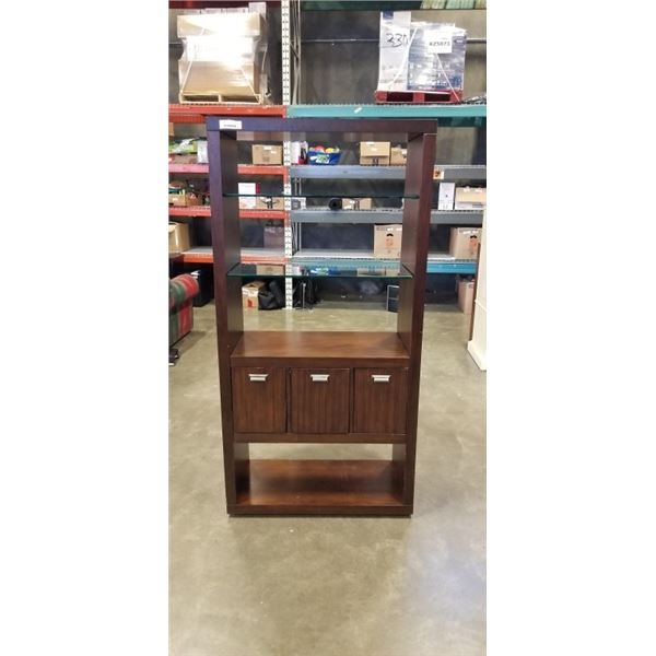 MODERN DISPLAY SHELF UNIT WITH GLASS SHELVES, 36 INCH WIDE, 6FT TALL , DOUBLE SIDED