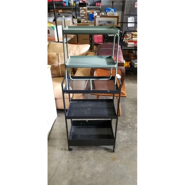 BLACK METAL ROLLING CART AND 2 TIER GREEN METAL RACK