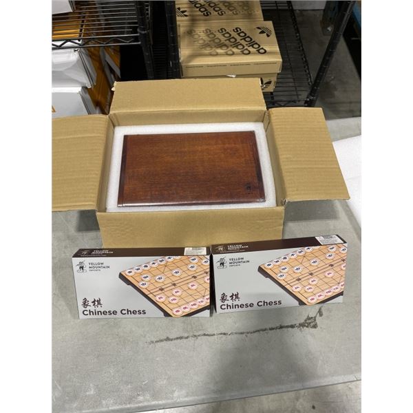 YELLOW MOUNTAIN D12 DOMINOS WOOD CASED SET AND 2 CHINESE CHESS SETS