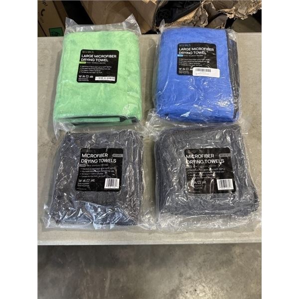NEW MICROFIBRE DRYING TOWELS, 4 GREY 16 X 16 INCH, (PACKS OF 2) AND LARGE SIZE GREEN AND BLUE 40 X 2