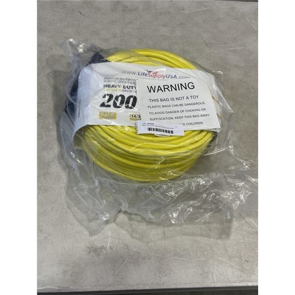 NEW YELLOW INDOOR OUTDOOR 200FT HEAVY DUTY LIGHTED EXTENSION CORD, 14AWG, 3 WIRE