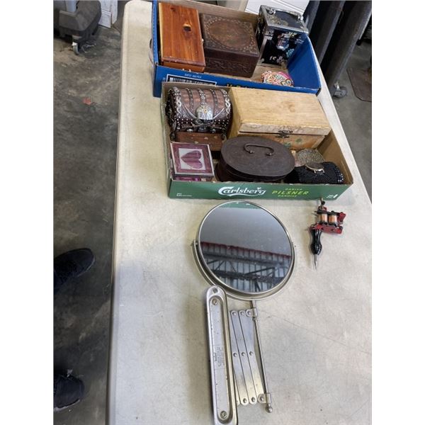 2 TRAYS OF ASSORTRED JEWELLERY AND WOODEN BOXES, WATCH, VANITY MIRROR ETC