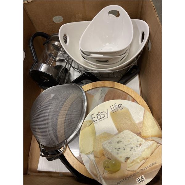 BOX OF WHITE BOWLS, CHEESE KNIVES,CUTTING BOARD AND 2 CAST IRON RYING PANS