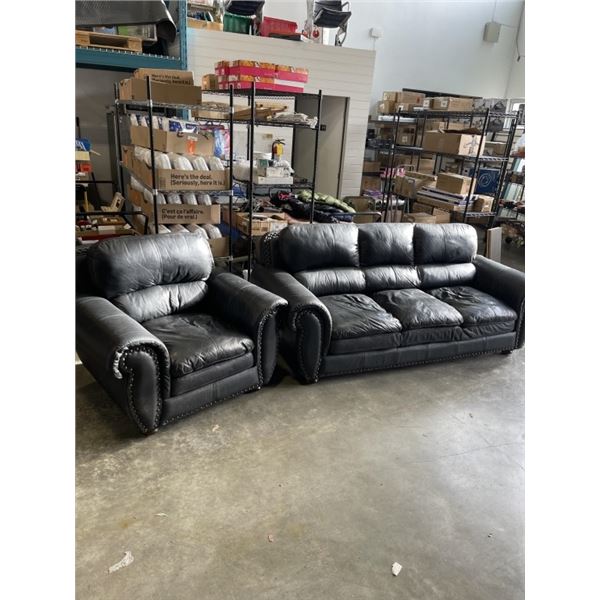 BLACK LEATHER SOFA AND CHAIR WITH BRASS NAIL HEAD