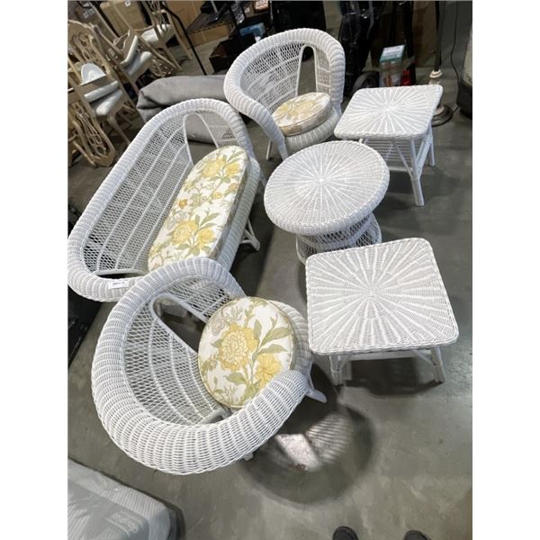 6PC WHITE WICKER PATIO SET - LOVE SEAT, 2 CHAIRS, COFFEE TABLE, 2 SIDE TABLES