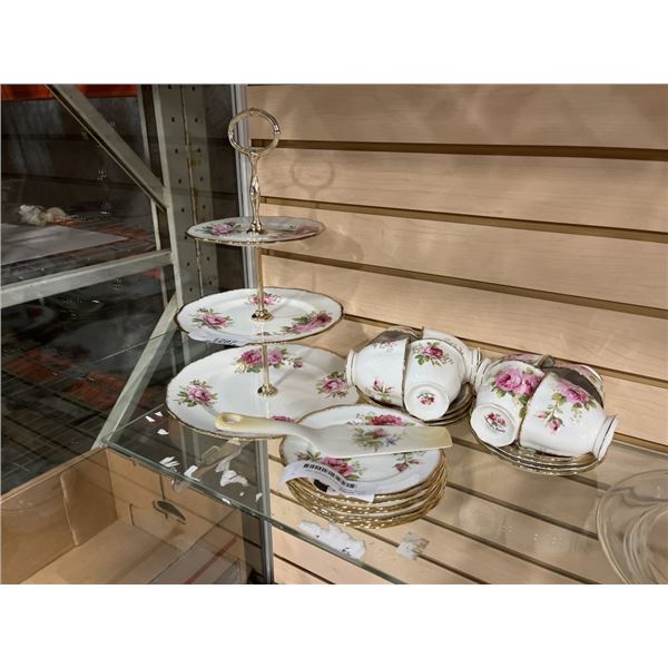 ROYAL ALBERT 3PC 8 PLACE TEA SETTING W/ 3 TIERED DESSERT TRAY