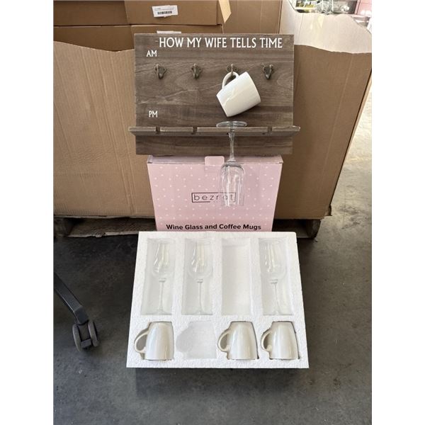HOW MY WIFE TELLS TIME WALL RACK GIFT SET, WITH RACK, 4 WINE GLASSES AND 4 WHITE CERAMIC MUGS, ALL D
