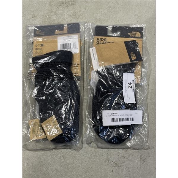 2 NEW PAIRS OF NORTH FACE KIDS GLACIER MITTS, SIZE MEDIUM AND XL