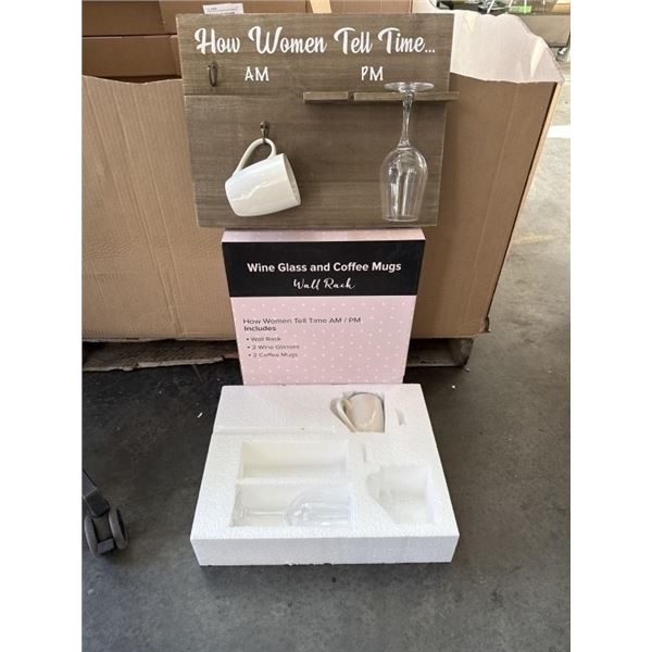 HOW WOMEN TELL TIME AM / PM  WALL RACK GIFT SET, WITH RACK, 2 WINE GLASSES AND 2 WHITE CERAMIC MUGS,