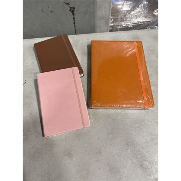 NEW A4 8X11 ORANGE LEATHER NOTEBOOK AND 2 NEW A5 NOTEBOOKS, PINK AND BROWN, 'MOLESKIN STYLE'