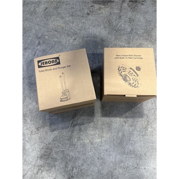 NEW UNIQUE RAIN SHOWER HEAD AND NEW BLACK TOILET BRUSH AND PLUNGER SET