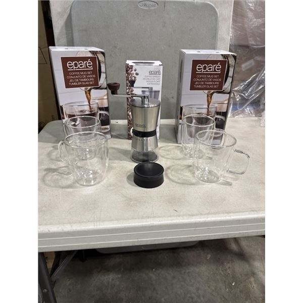4 NEW EPARE DUAL WALL GLASS 12.OZ COFFEE MUGS AND STAINLESS COFFEE GRINDER