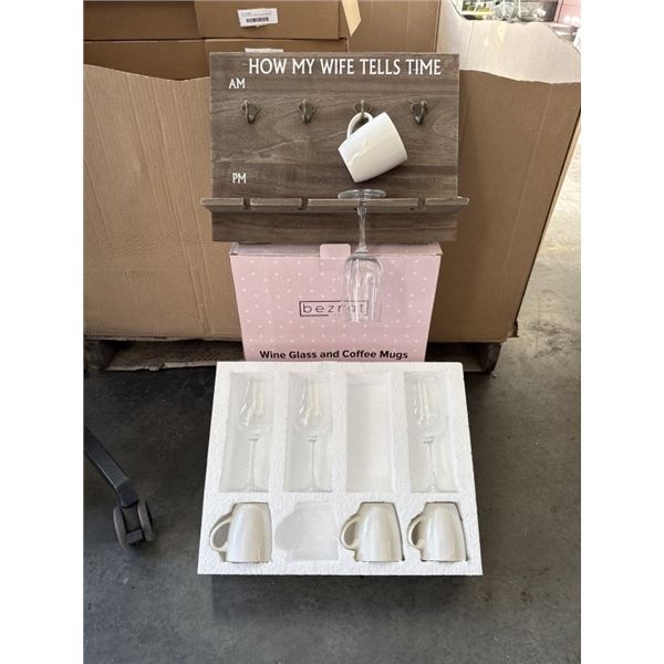 HOW MY WIFE TELLS TIME WALL RACK GIFT SET, WITH RACK, 4 WINE GLASSES AND 4 WHITE CERAMIC MUGS, ALL D