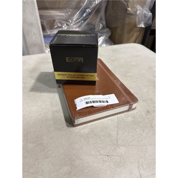 NEW WHISKEY BULLET STONE GIFT SET IN WOODEN BOX AND NEW A5 BROWN LEATHER NOTEBOOK