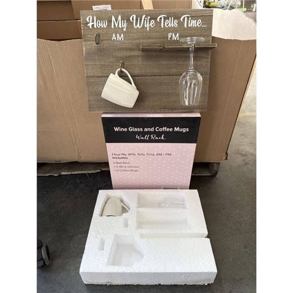 HOW MY WIFE TELLS TIME WALL RACK GIFT SET, WITH RACK, 2 WINE GLASSES AND 2 WHITE CERAMIC MUGS, ALL D